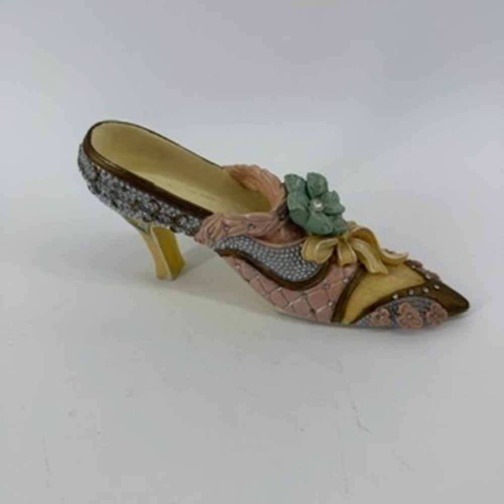 Victorian Style Miniature High Heel Shoe Figurine Pink Floral Faux Crystal 4.5"